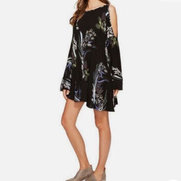 Free People Clear Skies Black Floral Cold Shoulder Mini Dress Size XS - Picture 3 of 12